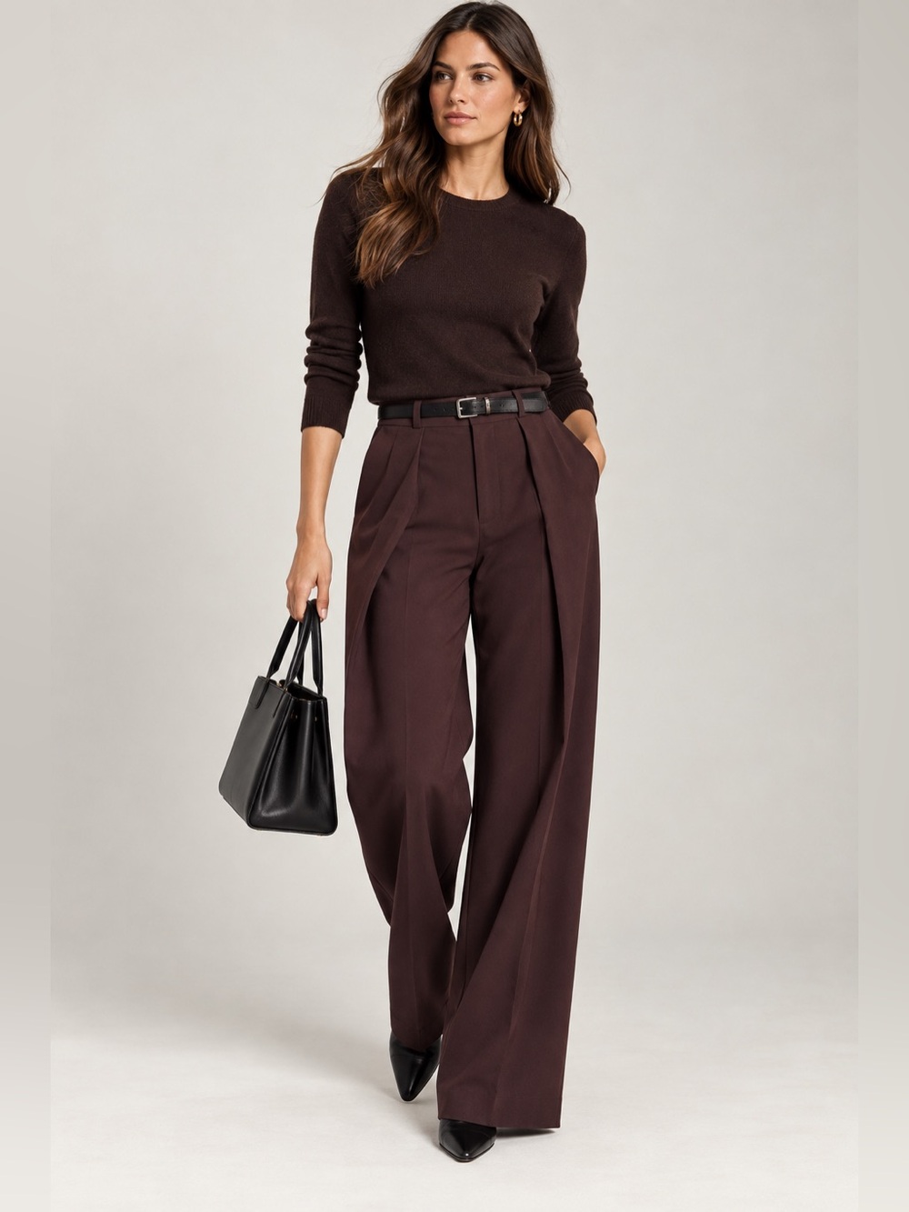NWOT Zara Wide-Leg High-Rise Trousers in Chocolate Brown with black belt size M